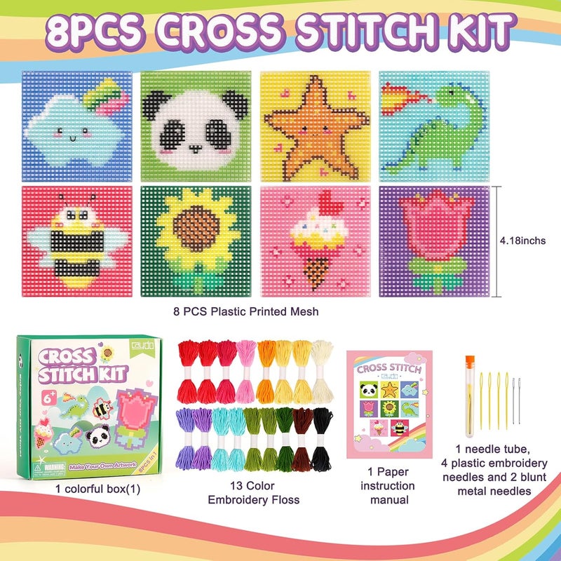 Caydo 8-in-1 Cross Stitch Kit for Beginners Kids, Includes 8 PCS Plastic Canvas with Pre-Patterns, 13 Colors Threads, Instructions, Embroidery Needles for Beginners Sewing - Image 2